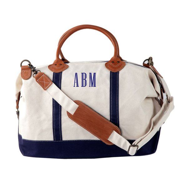 Canvas Weekender Bag - Navy great canvas satchel with navy trim.Personalized it for a little extra.  $85.00 Personalized Travel Bag, Canvas Weekender Bag, Sailing Outfit, All I Ever Wanted, Overnight Bag, Bag Women, Weekender Bag, Leather Handle, Travel Bag