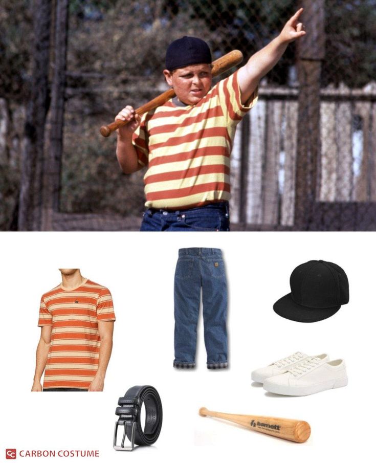 a boy in striped shirt holding baseball bat next to hat and other items on white background