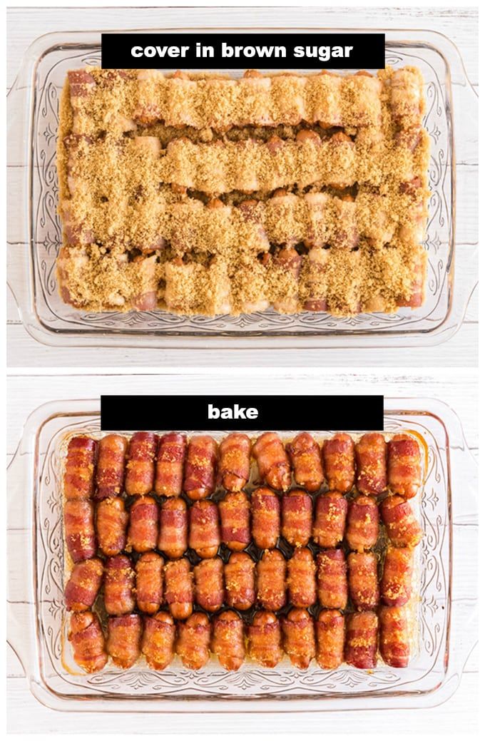 before and after photos of baked brown sugar bars in glass baking dish with the same toppings