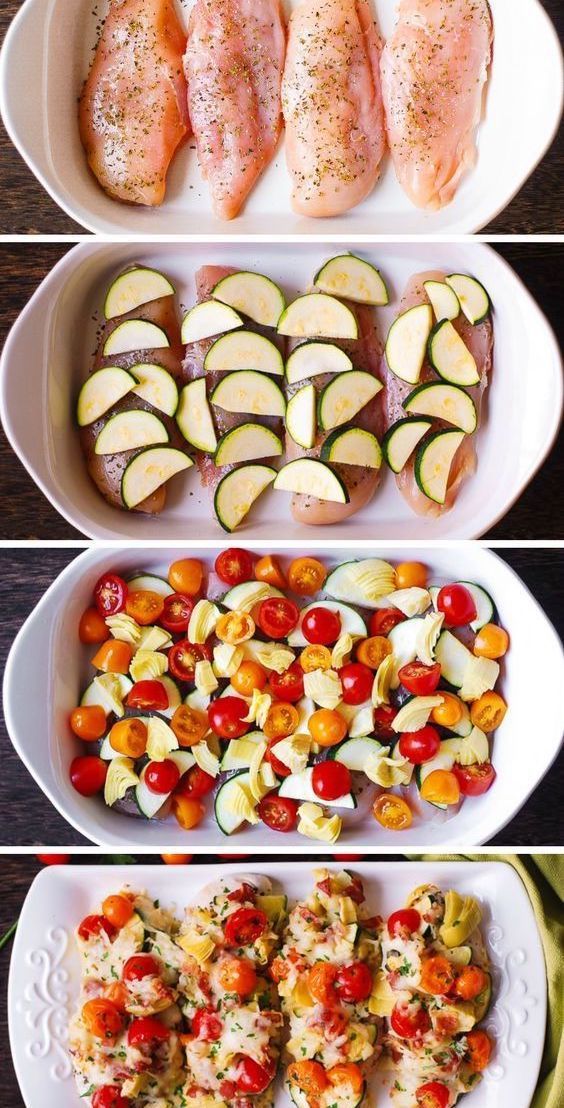 four different types of food are shown in this collage, including chicken, squash, tomatoes and zucchini