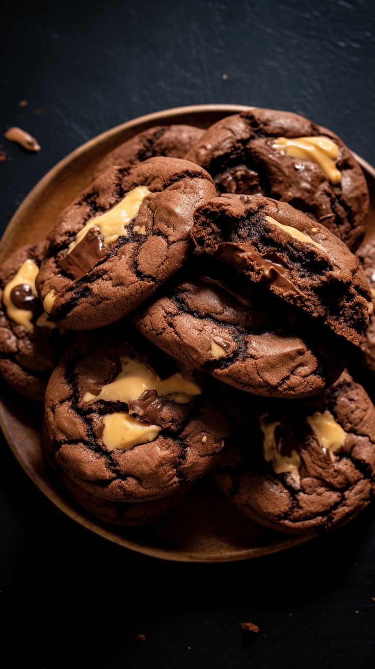 chocolate cookies with caramel butter on a plate