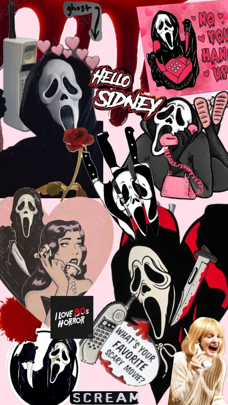 a collage of various images with the words scream written in red, white and black