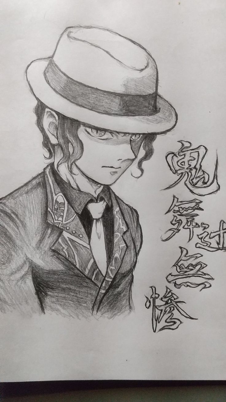 a drawing of a man wearing a hat and tie with chinese characters in the background