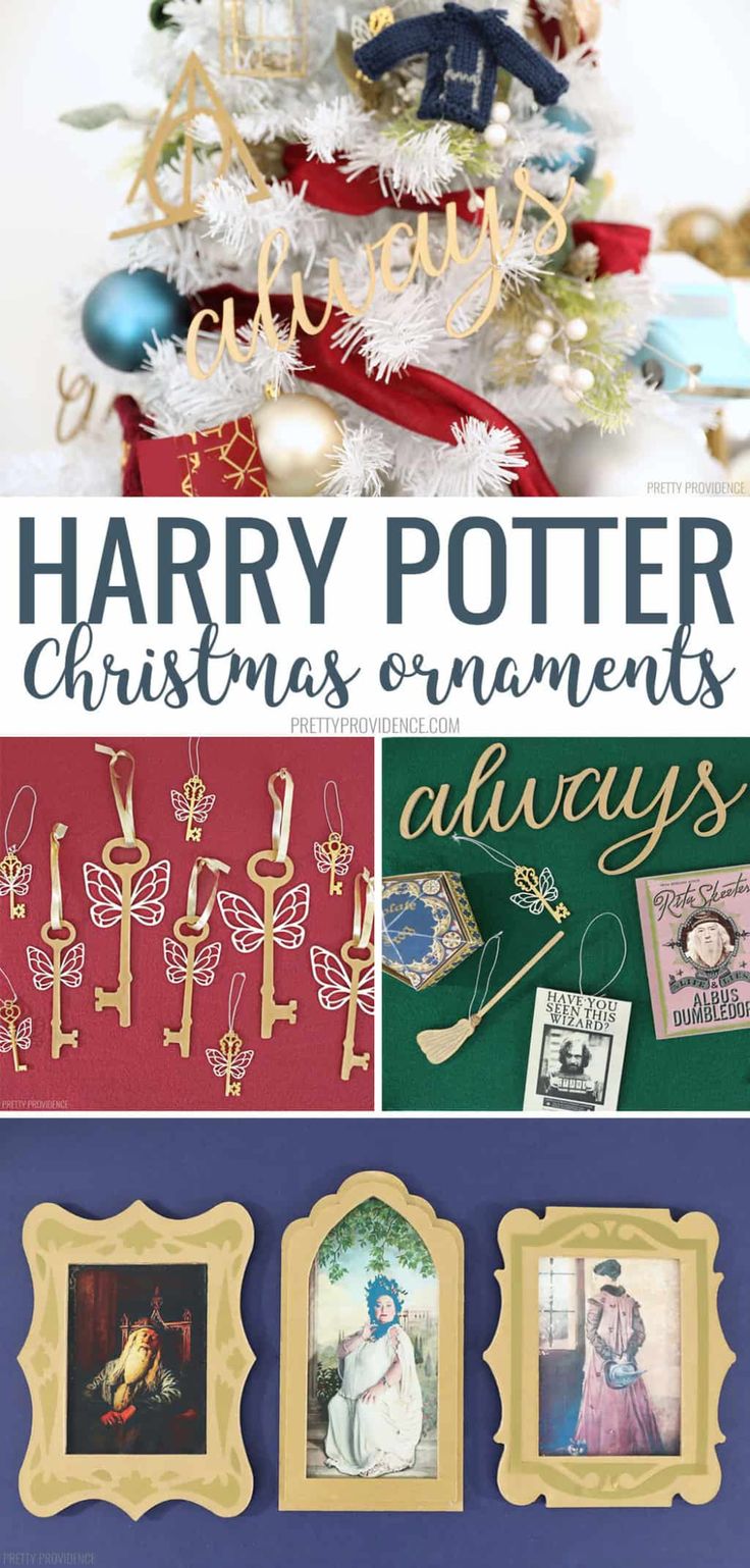 harry potter christmas ornament collage with pictures and text overlaying it