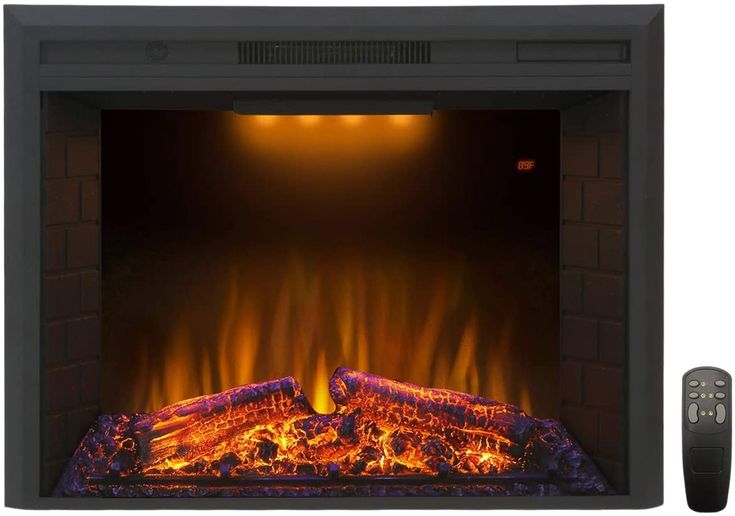 an electric fireplace with flames and remote controls