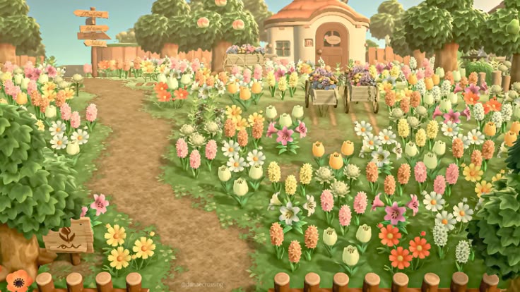 an animated garden with flowers and trees