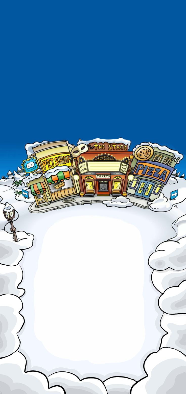 a cartoon town surrounded by snow on a blue background with space for text or image