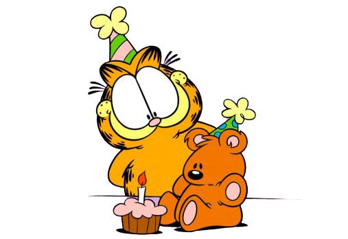 garfield the cat with a birthday hat and cupcake