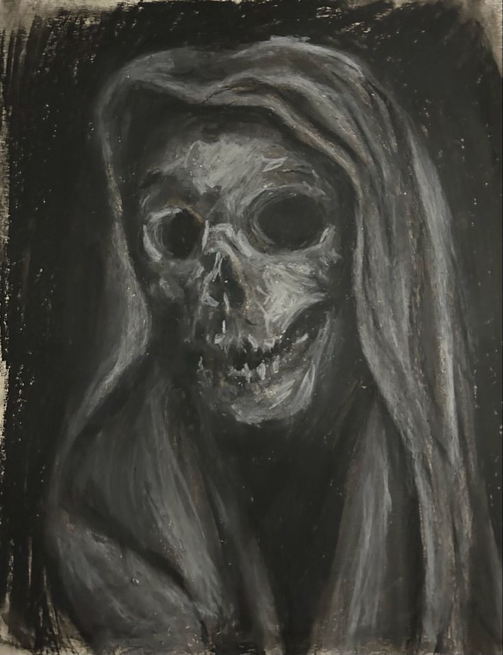 a drawing of a skeleton with long hair