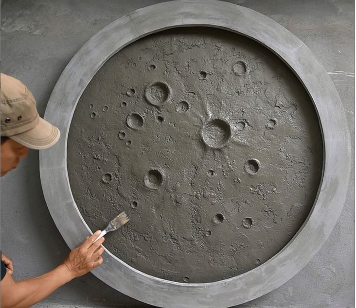 a man holding a paintbrush in front of a cement circle