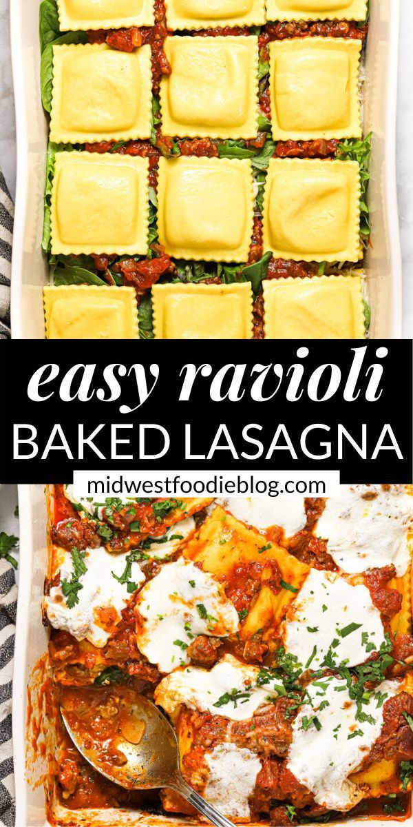 easy ravioli baked lasagna in a casserole dish with mozzarella and basil