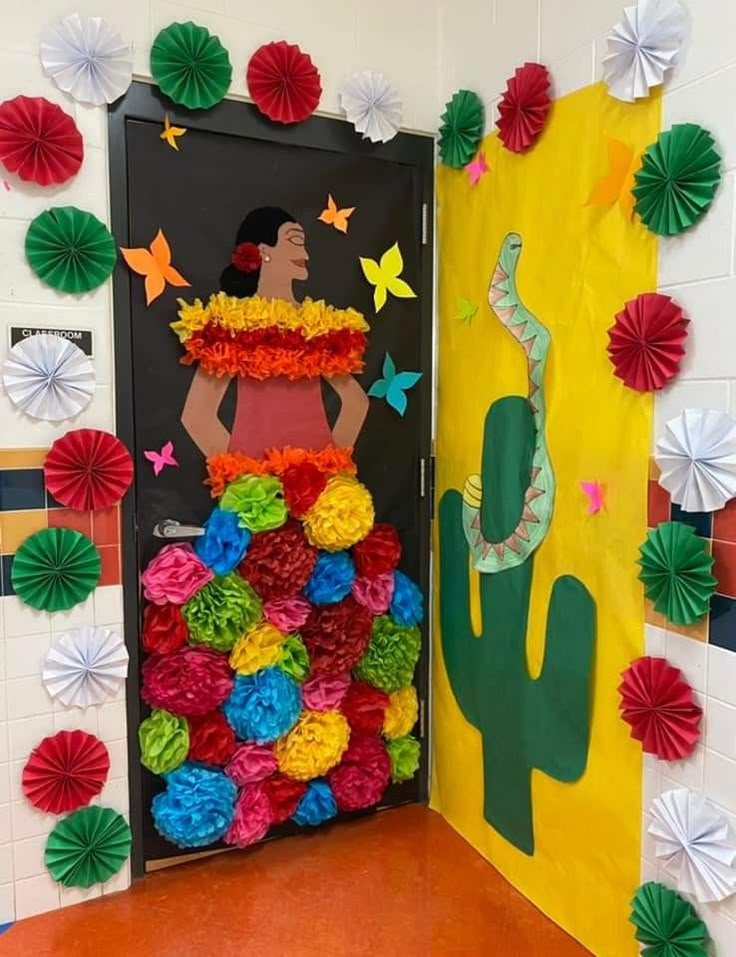 a classroom door decorated with paper flowers and an image of a woman in a mexican dress