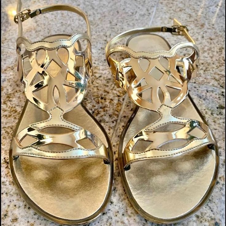 Gold Jelly Sandals, Worn Once Luxury Gold Sandals With Low Heel, Luxury Gold Low Heel Sandals, Designer Gold Open Toe Sandals, Designer Slingback Sandals With Open Heel For Summer, Luxury Summer Slingback Sandals For Formal Occasions, Gold Low Heel Slingback Sandals For Summer, Luxury Gold Open Toe Slingback Sandals, Luxury Gold Sandals For Summer, Chic Gold Slingback Sandals With Flat Heel