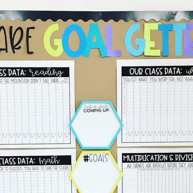 a bulletin board with goal sheets on it