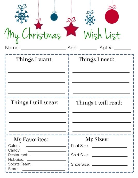 a christmas wish list with ornaments hanging from it