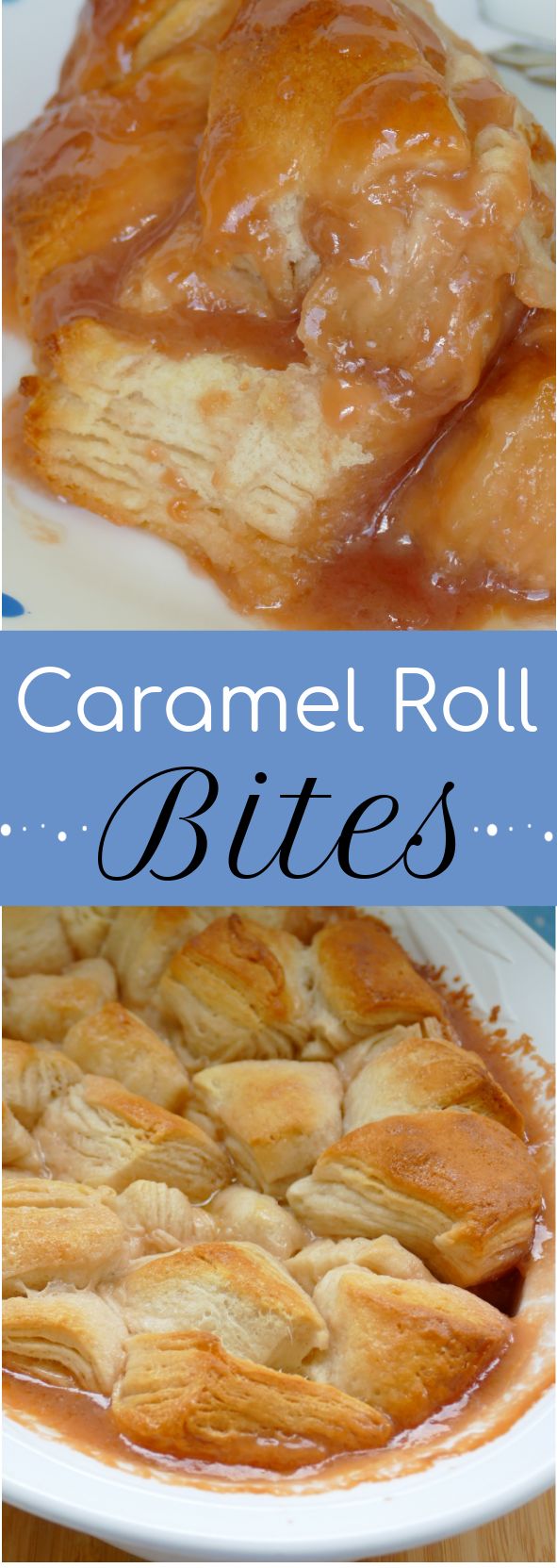 caramel roll bites on a white plate with text overlay that reads caramel roll bites