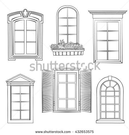 four windows with shutters and potted plants in them royalty - free stock photo