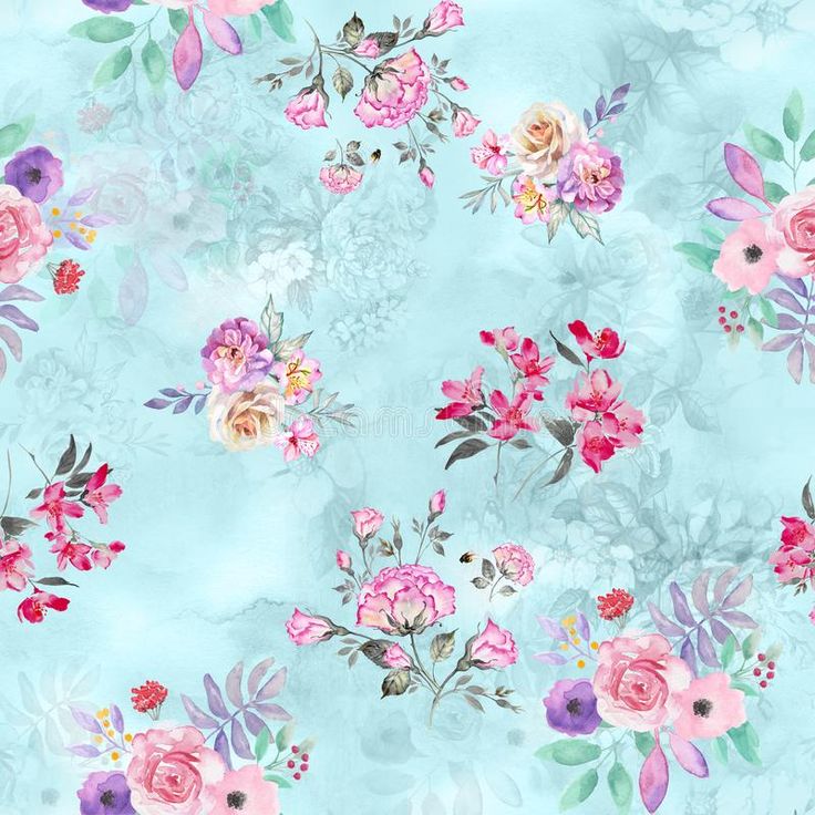 a blue background with pink flowers and leaves