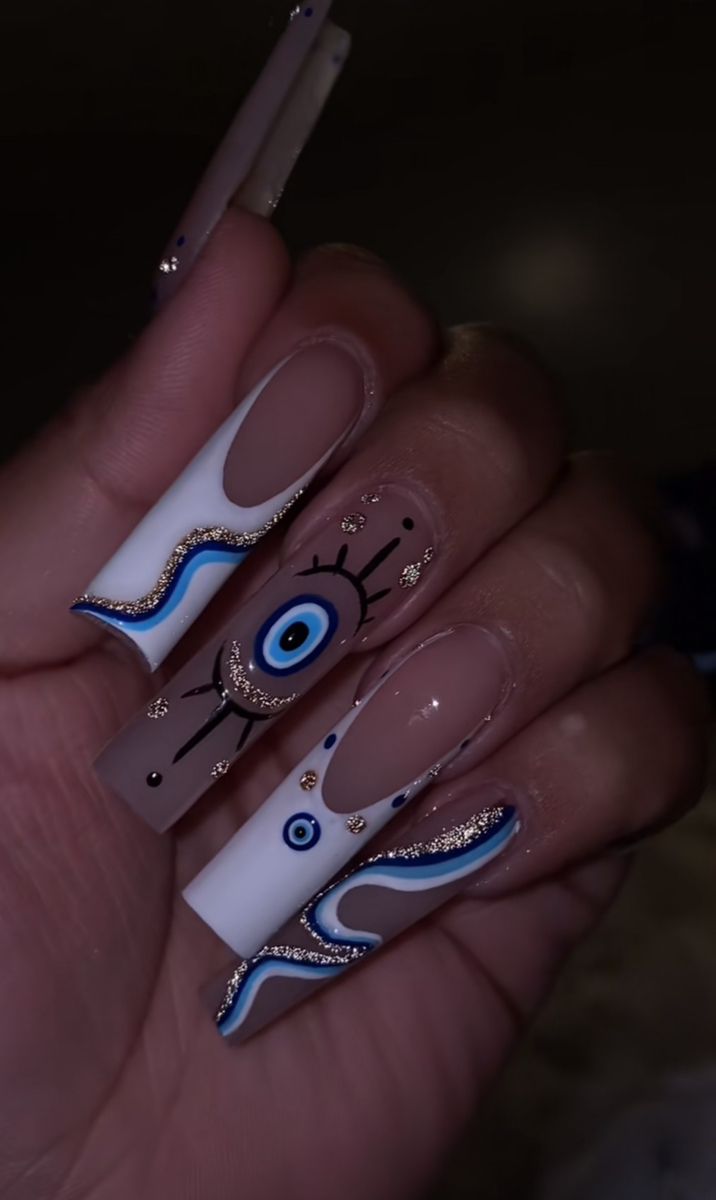 Nails With Reflective Glitter, Acrylic Nails Long, Evil Eye Nails, Long Square Nails, Long Acrylic Nail Designs, Diy Acrylic Nails, Drip Nails, Colored Acrylic Nails, Glow Nails