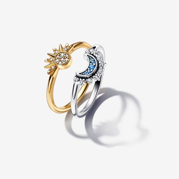 Celestial Sun & Moon Ring Set Sun And Moon Matching Rings, Sun And Moon Promise Rings, Matching Sun And Moon Jewelry, Sun Moon Rings, Pandora Friendship Rings, Spiritual Sun And Moon Design Promise Ring, Celestial Stackable Promise Rings, Spiritual Moon Charm Promise Ring, Symbolic Moon Shaped Promise Ring