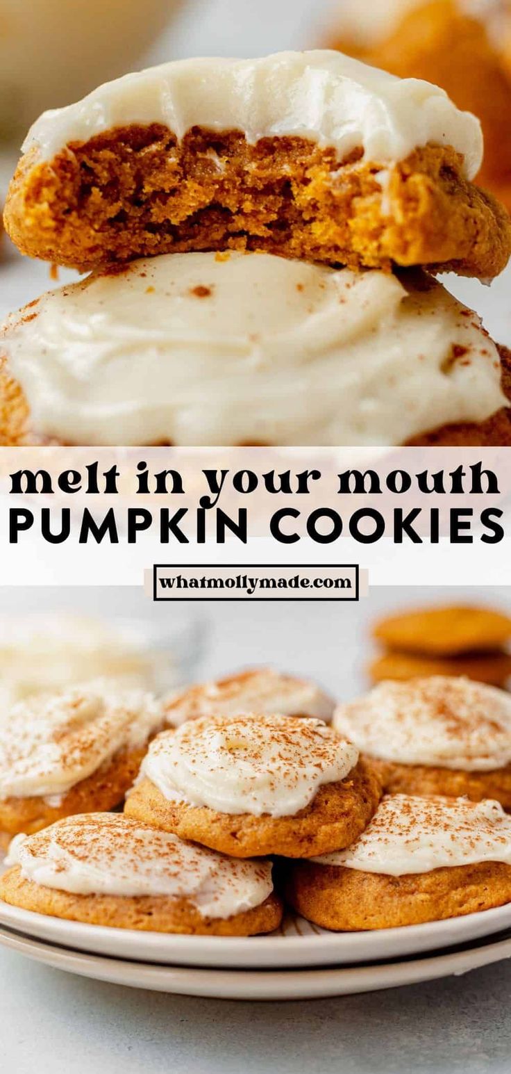 pumpkin cookies with cream cheese frosting on top and an image of the same cookie