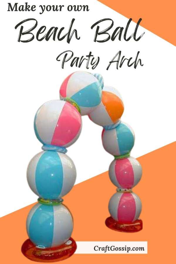 a beach ball party arch made out of plastic balls with the words make your own beach ball party arch