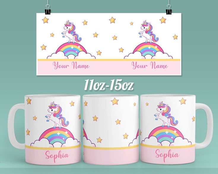 three personalized unicorn coffee mugs with name and rainbow on the top, one is pink