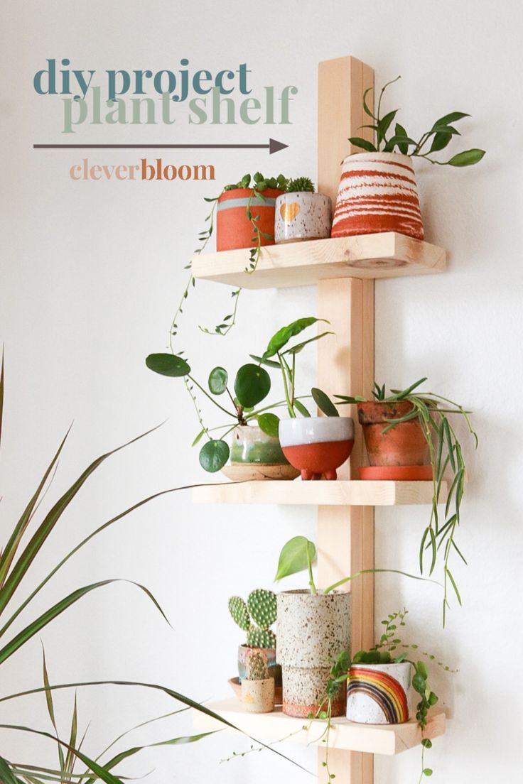 three wooden shelves filled with potted plants on top of each other next to a white wall