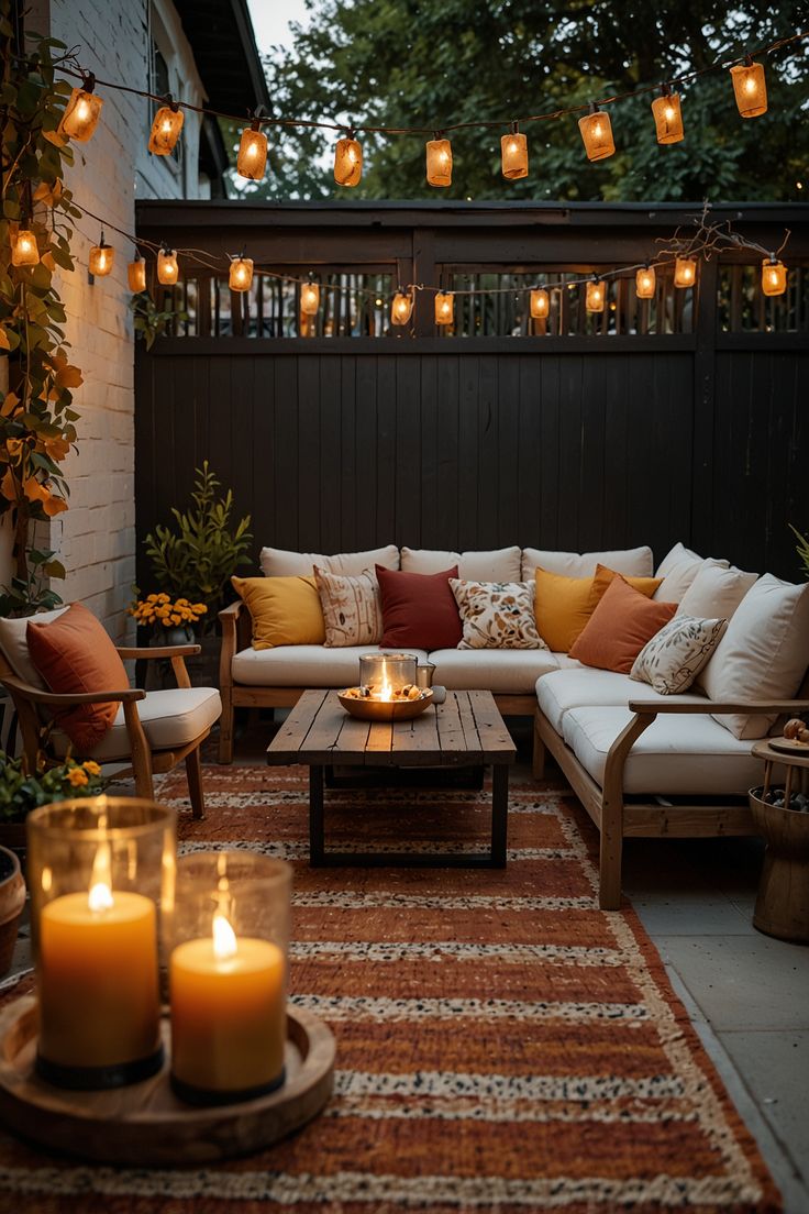 an outdoor living room with candles lit on the table and couches in front of it