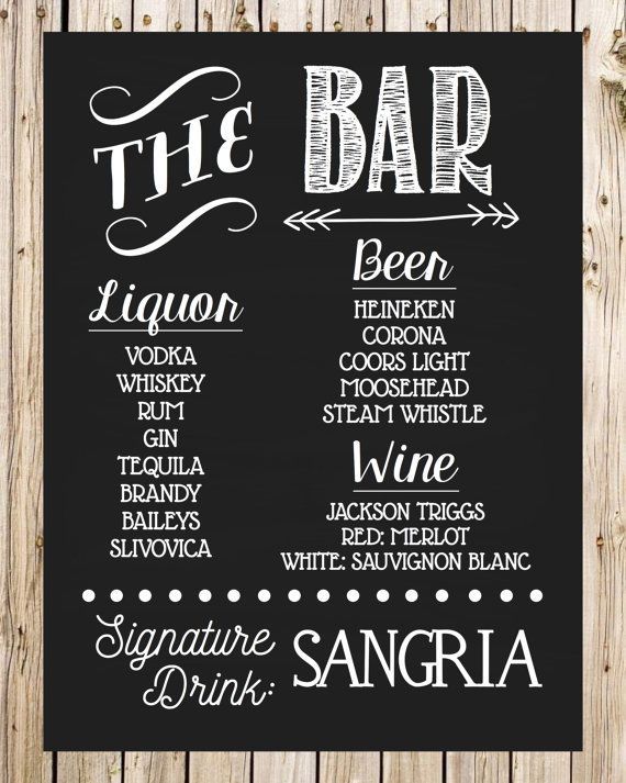 a chalkboard sign that says the bar and features different types of drinks on it