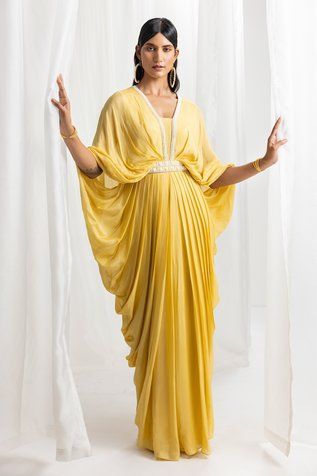 Shop for Seema Thukral Yellow Chiffon Placement Hand Embroidered Cowl Kaftan for Women Online at Aza Fashions Latest Chiffon Gown Styles, Seema Thukral, Latest Kaftan Designs, Embroidery Pearls, Kaftan Style Dresses, Reception Cocktail, Kaftan Pattern, Abaya Designs Latest, Haldi Outfits