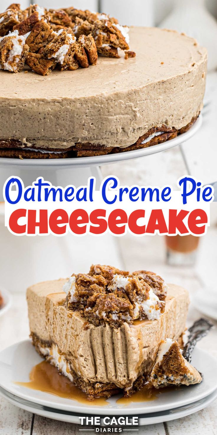 two different cheesecakes on plates with the words oatmeal creme pie cheesecake