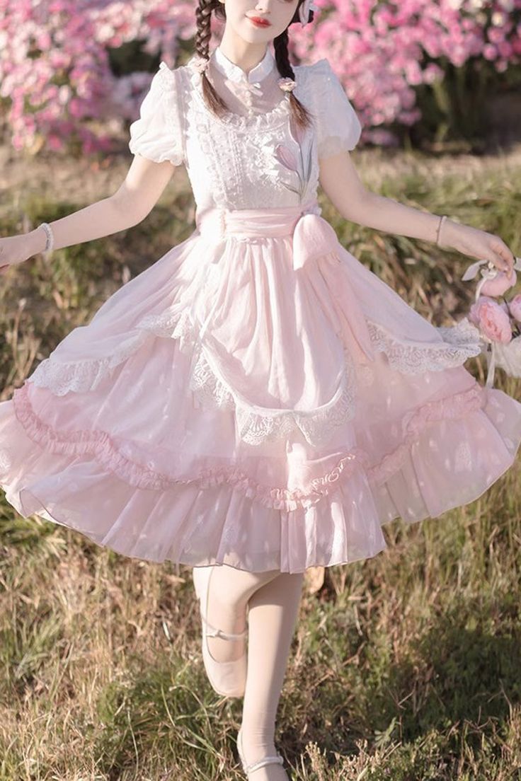 Cute Pink Dress With Ruffled Skirt, Kawaii Dresses With Bow, Spring Kawaii Dress With Ruffles, Kawaii Doll Collar Dress With Ruffles, Sweet Party Dress With Ruffle Hem, Sweet Tiered Dress With Ruffle Hem, Kawaii Summer Dress With Lace Trim, Pink Kawaii Dress For Tea Party, Elegant Pink Doll Collar Dress