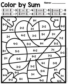 the color by sum coloring page with hearts and numbers on it, as well as an image