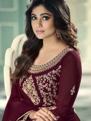 New Arrivals | Fresh Arrivals Indian Clothing - Buy at Inddus.com Maroon Anarkali, Ritu Varma, Shamita Shetty, Georgette Anarkali Suits, Georgette Anarkali, Long Anarkali, Designer Anarkali Suits, Gown Suit, Embroidered Anarkali