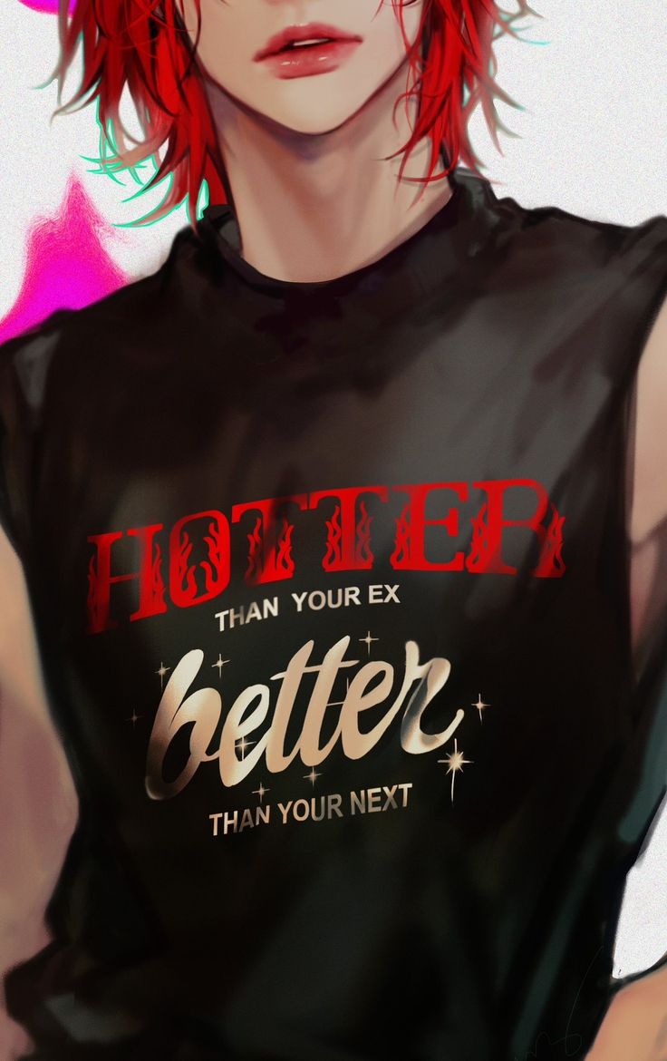 a man with red hair wearing a black t - shirt that says better than your ex