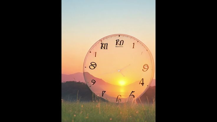 a large glass clock sitting in the middle of a field with mountains in the background