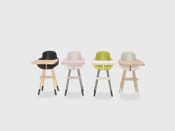 three chairs with different colored seats in front of a white background and one has a black hat on it