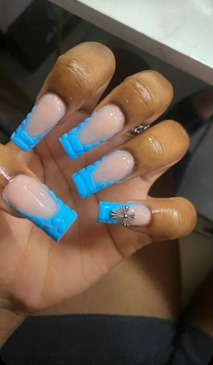 Glitter Croc Nails, Blue Croc Nail Design, Blue Croc Print Acrylic Nails, Blue Croc Nails Acrylic, Blue Croc French Tip Nails, Crock Nail Design, Croc Print Nail Design, Croc Short Nails, Pink Croc French Tip Nails