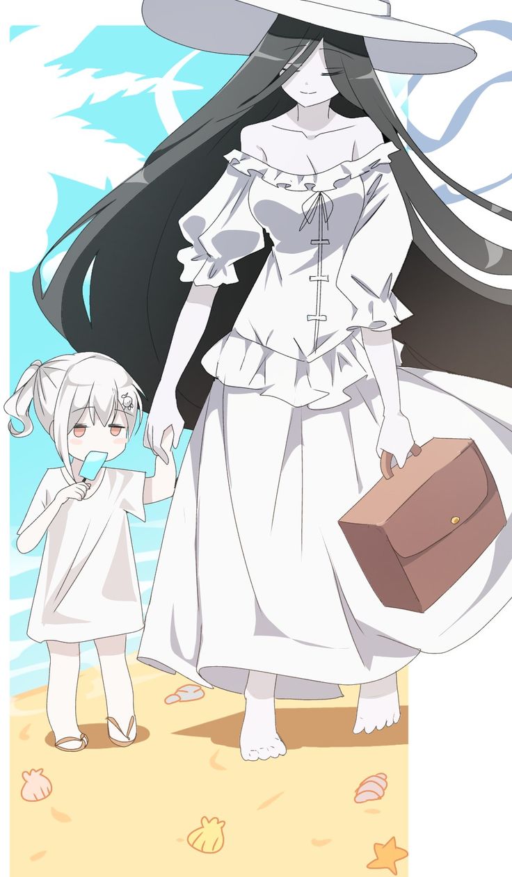 an image of a woman and child on the beach with long black hair wearing white dresses