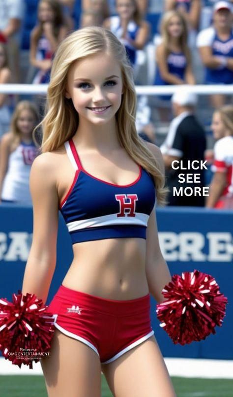 a beautiful young woman in a red and blue cheerleader outfit with pom poms