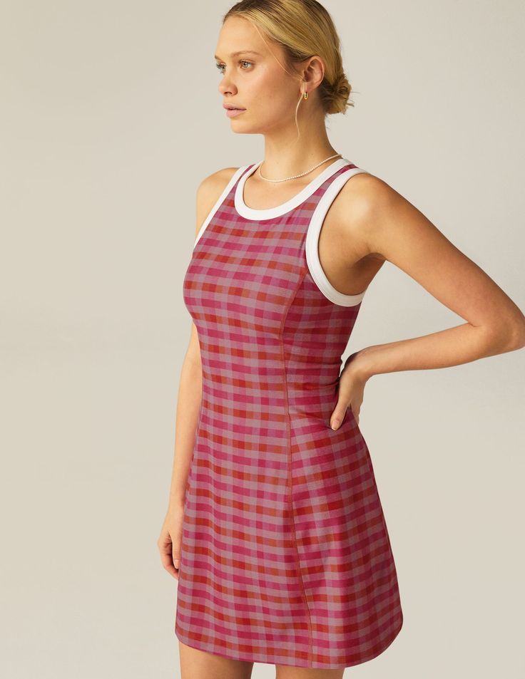 Pink Gingham SoftMark Outlines Dress | Beyond Yoga Fitted Summer Dress With Contrast Stitching, Fitted Mini Dress With Contrast Trim For Spring, Fitted Summer Dress With Contrast Trim, Fitted Summer Dress With Seam Detailing, Fitted Casual Tennis Dress With Contrast Trim, Casual Sleeveless Dress With Contrast Trim, Summer Fitted Tennis Dress With Contrast Trim, Fitted White Tennis Dress With Contrast Trim, Fitted Lined Gingham Dress