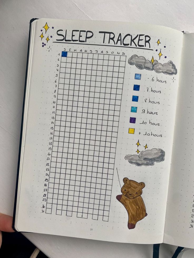 a hand holding an open notebook with a bear graph on it and the words sleep tracker