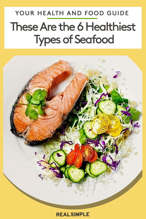 salmon and vegetables on a plate with the title, your health and food guide these are the 6 healthiest types of seafood