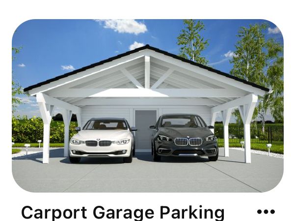 two cars are parked in front of a carport garage parking structure with the caption