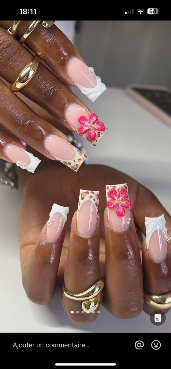 Nails Acrylic With Design, 15 Birthday Nails, Pink Hibiscus Nails French Tip, Cancun Nail Ideas, Floral Nail Design, Simple Floral Nails, Flower Charm Acrylic Nails, Acrylic Overlay Nails, Airbrush Nail Designs