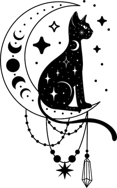 a black cat sitting on the moon with stars and crescents in it's back