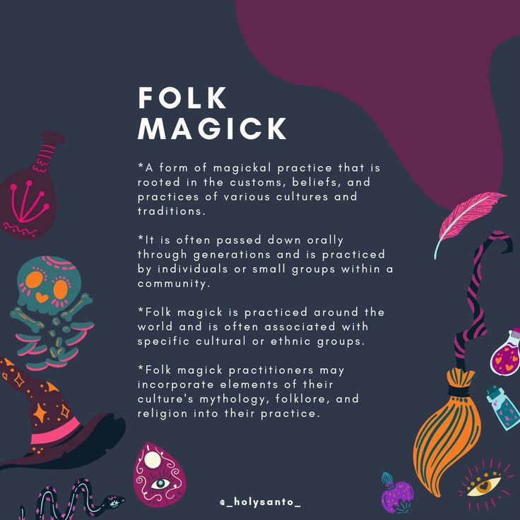 the back cover for folk magick, with an illustration of various items and text