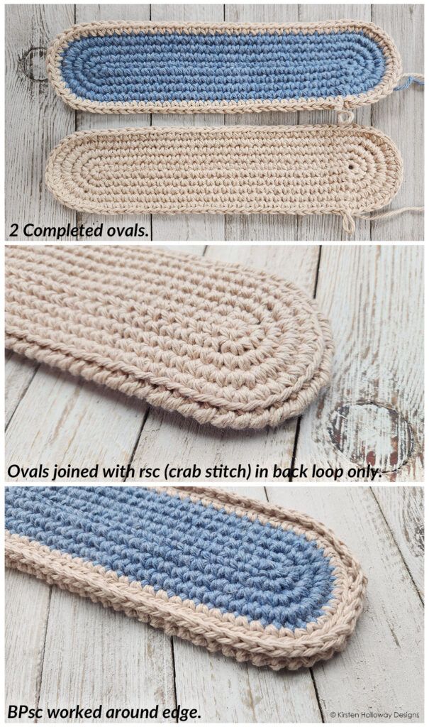 three crocheted rugs with different colors and sizes on them, one is blue and the other is beige