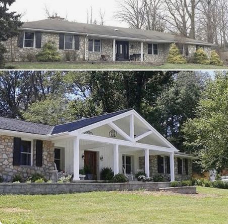 before and after pictures of a house in the suburbs, with stone siding on the front